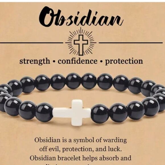 NEW NATURAL STONE CROSS BEAD BRACELET "OBSIDIAN" STRENGTH-CONFIDENCE-PROTECTION - Picture 3 of 3